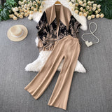 High-End Temperament Bottom Half-High Collar Sweater + Printed Knitted Shawl Jacket + High Waist Lanky Trousers Three-Piece Set