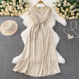 French Red Dot V-Neck Women's Short-Sleeved Dress Summer Single Buckle Tie With Thin A-Word Mid-Long Dress