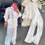 French Light Luxury Heavy Lace Splicing Temperament Long-Sleeved Shirt Tight High Waist Thin Broad Leg Trousers Two Sets Of Women