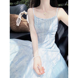 Seaside Vacation Light Blue Mesh Sling Dress Women's New Gentle Wind White Beach Floral Dress