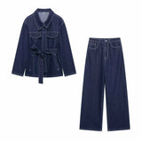 Spring 2025 New Women's Belt Denim Jacket + Straight Trousers Set