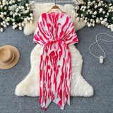 Small High-End Dress Women Design Feel Strapped Waist Bat Sleeve Pressure Fold Printing Irregular Dress Dress