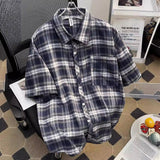 Plaid Short-Sleeved Shirt Men's Summer Retro Casual Five-Sleeve Shirt High Street Tide Coat