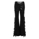 2025 Summer High-Rise Street Fashion Hottie Mesh Splicing Design PU Leather Trumpet Trousers Women