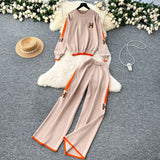 Fashion Letter Embroidered Knitted Shirt Long Sleeve Sweater High Waist Broad Leg Trousers Casual Sports Two-Piece Suit Woman