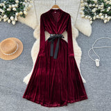 French Light Luxury Famous Woman High-End Sense V Collar Long Sleeve Strap To Close The Waist Velvet Dress Women Autumn And Winter Lanky Dress