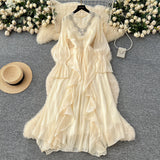French High-End Elegant Dress Women Fashion Heavy Industry Embroidery Stender V Collar Waist Temperament Court Style Long Dress