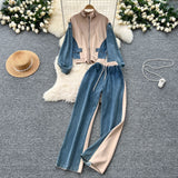 Fashion Suit Women's Port Wind Casual Colliding Color Splicing Collar Zipper Fake Two-Piece High-Waisted Cowboy Broad Leg Trousers