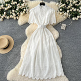 Noble Lady Dress 2025 Summer Waists Slim Collar Short-Sleeved Hollow Hook Embroidery Single Row Buckle Dress