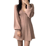 Autumn And Winter Vintage Linen Pattern V-Necked Waist Small Lantern Sleeve A Word Knitted Sweater Dress Women Fashion