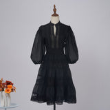 Solid-Color Dress Eugen Yarn Half-Open Lantern Sleeve Middle Sleeve Dress Lace Lace To Receive Waist Skirt