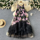 French Retro Court Style Design With A Sense Of Fashion Print Splicing Mesh Tau Pong Irregular Lotus Leaf-Side Dress Woman