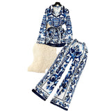 Vintage Fashion Positioning Print Strapping Belt Collar Long Sleeve Top Female High-Waist Broad Leg Straight Trousers Set
