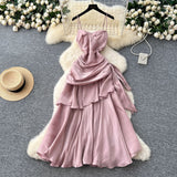 French Goddess Fan Design Sense Square Neck Sling Sling Sling Folds To The Waist Lotus Leaf Dress Girl Dress Dress