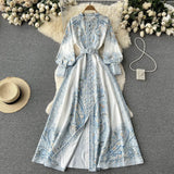 Spring And Autumn Dress Retro Court Style Lapl Lantern Sleeve Print Dress Women's Single Buckle Large A-Word Over Knee Dress