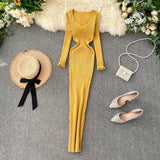 Dress Women's Autumn And Winter 2025 New Korean Version Of Simple Solid Color Long Sleeves Tight Waist Thin Knit Long Dress