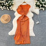 Three-House Folded Dress Design Irregular Lotus Leaves Side To Receive Waist Repair Bright Silk Pressure Folds