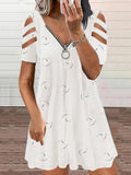 New Wish Women's V-Neck Zipper Printed Short Sleeves Relaxed Casual Lavender Dress