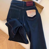 Lazy Wind Dark Blue High-Waisted Straight Jeans Women Autumn And Winter New Design Sense Loose Broad Legs Long Pants