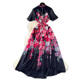 2025 New Holiday Style Dress Women's French Pearl Buckle Waist Thin Temperament Print Chiffon Long Dress