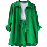 2025 Women's Wrinkle Collar Long-Sleeved Shirt High-Waisted Rope Shorts Fashion Casual Two-Piece Set