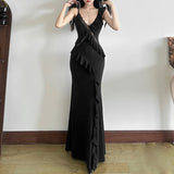 2025 Summer New Women's Style Of French Temperament V Collar Bare Back Leaves Lace Splicing Slinging Dress