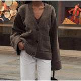 2025 Autumn And Winter Pure Color V-Neck Single Buckle Knitted Cardigan Lazy Loose Comfortable Warm