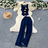 Temperament Design Sense Metal Buckle Round-Neck Sleeveless Vest + High-Waist Broad-Legged Trousers Denim Set Of Women