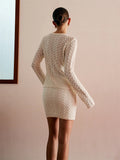2025 Summer New Set Knitted Hollow Deep V Collar Long Sleeves Shirt Casual Skirt