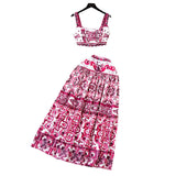 Blue And White Porcelain Printing Set Of Women In Summer Pure Desire To Bare Belt Slings Small Vest + High Waist Mid-Dress Skirt