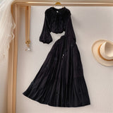 Gentle Style Pink Three-Dimensional Flower Collar Lantern Sleeve Shirt Lady Autumn High-Rise Dress Set