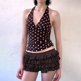 2025 Summer Women's New Hottie Sexy Black Wave Dot Print Spread Out Back V Collar Hanging Neck Tight Vest