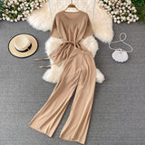 Fashion Suit Goddess Fan Irregularly Round Neck Knitted Top Two Sets Of High-Rise Thin Broad Leg Trousers