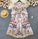 French Court Style Retro Print Temperament V Collar Bubble Sleeve Long Dress High-End Niche Dress Dress
