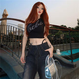 2025 Summer Fashion Trend Women's New Slant Shoulder Repair Letter Hot Umbilical Vest