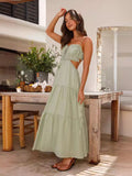Women's Clothing 2025 New V-Neck Sleeveless Solid Color Splicing Large Swing Long Dress