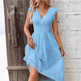 Summer New Lotus Leaf Sleeve Elegant Thin V-Neck Women's Fashion Fashion Hollow Dress Dress Women