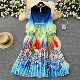 High-End Elegant Dress Women Fashion Nail Ball Collar Hollow Pressure Folding Lantern Sleeves To Print Long Skirt