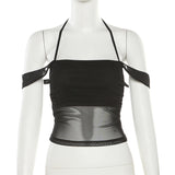 2025 Summer Fashion Trend Women's New Slings A Word Shoulder Repair Yarn Net Exposed Umbilly T-Shirt