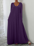 Summer New Long Dress Casual Loose Short Sleeve Pure Color V Collar Body Size Dress