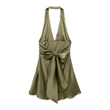 Women's Clothing 2025 Spring New Silk-Sense Texture Hanging Neck-Deck Bow Tie With Mini-Coat