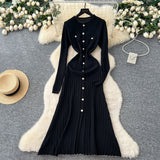 French Small Fragrant High-Grade Metal Buckle Waist Dress Women 2025 Autumn Thin Temperament Hollow Knitted Long Dress