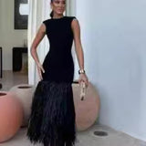 Autumn's New Black Sleeveless Fashion Tweed Splicing Women's Knitted Fan Skirt Elegant