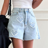 Sweet And Cute Hairy Heart Pattern Denim Shorts Women's Summer New High-Waisted Loose Thin Leg Shorts