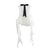 Ins2025 Spring Women's New Ougen Yarn Sue Bow Trim Corset Dress
