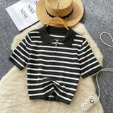 Short-Sleeved Knitted Women 2025 Summer South Korea Ins New Trendy Sleek Striped T-Shirt Women's Tops