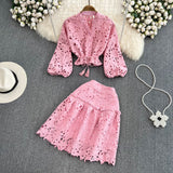Vintage Temperament V-Neck Hollow Embroidered Lantern Sleeve Short Shirt Women Two Sets Hit High Waist Thin Word Half Skirt