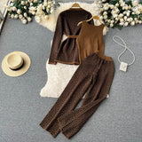Ocean Printing Casual Set Of Women's Shawl Jacket + V Collar Bottom Knitted Shirt + Broad Leg Trousers Three Sets