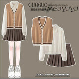 Early Autumn College Style Retro Vest Three-Piece Suit Female High-Waisted Half-Dress Long-Sleeved Shirt Top
