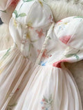 French One-Word Shoulder-Sling Sling Dress Woman Gentle Wind Chopped Flower Bubble Sleeve Yarn Fairy Dress 1956